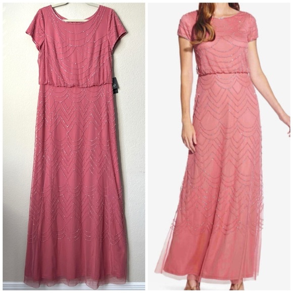 NEW Adrianna Papell Beaded Mesh Bridesmaid Dress in Sugar/Poppy - Picture 1 of 16